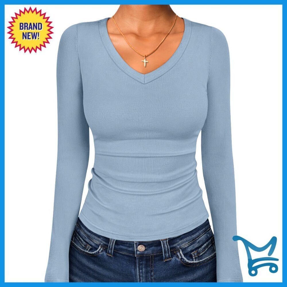 V Neck Ribbed Knit Long Sleeve Top Slim Fit Y2K Casual Trendy Fall Basic